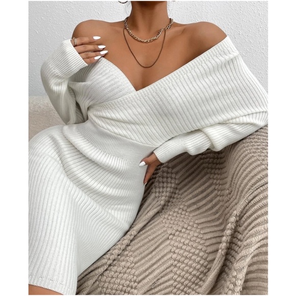 Fitted Off Shoulder Ribbed Sweater Dress - Picture 3 of 11